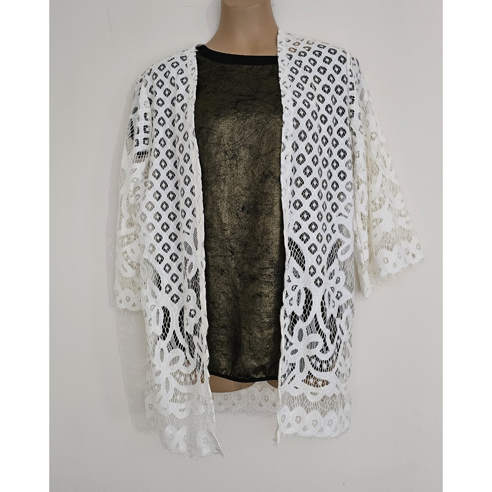 Maurices Open Front Tunic Cardigan Cover up Layer Ivory Lace 3/4‎ Sleeve Size M